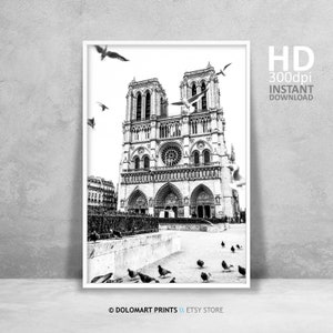 Notre Dame Print, Paris Architecture Photography Print, Black and White Paris Wall Art, France Paris Travel Poster, Printable Wall Art