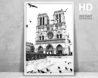 Notre Dame Paris Print, Black and White Photography (Digital Download)