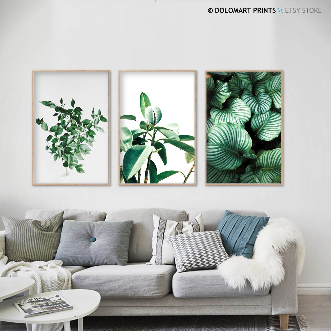 Set of 3 Prints, Greenery Wall Art Bundle, Tropical Botanic Green White ...