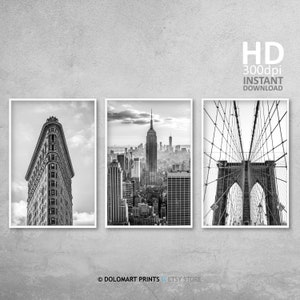 New York Set of Black and White Prints, Brooklyn Bridge, Flat Iron, New York Printable Poster, New York Wall Art, New York Photo Download