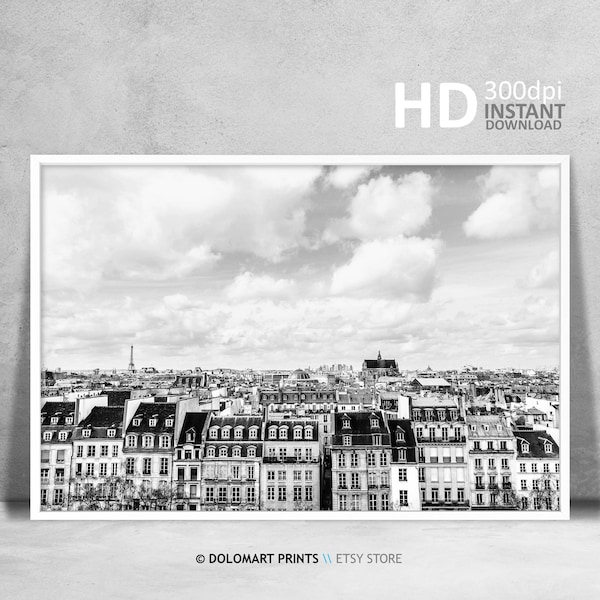 Paris Skyline Print, Black and White Photography, Traditional Architecture (Digital Download)