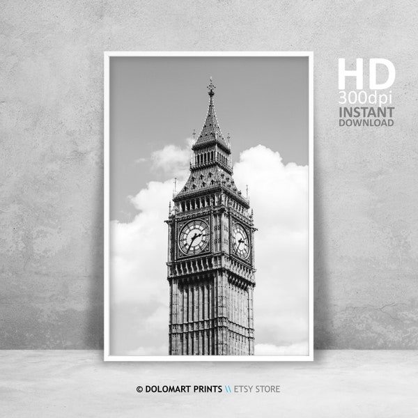 Impresión en blanco y negro de Londres, arte de la pared del Big Ben, cartel de la arquitectura de Londres, decoración de la pared de la habitación, cartel de viaje de Londres, arte de pared imprimible de Londres
