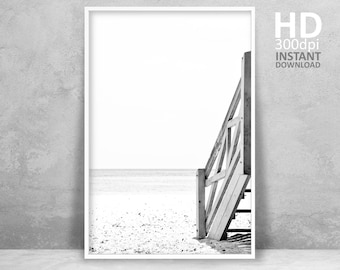 Black and White Beach Stairway Print, Coastal Decor (Digital Download)