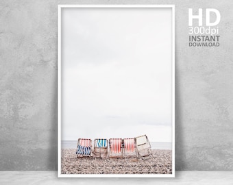 Retro Beach Chair Art Print, Coastal Living Room Decor (Digital Download)