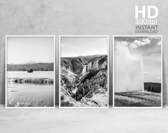 Yellowstone National Park Prints, Black and White Photo Set (Digital Download)