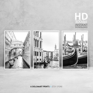 Zestaw wydruków architektury Wenecji 3 sztuki, czarno-białe wydruki Wenecji, fotografia uliczna Wenecji, sztuka ścienna Wenecji, pakiet zdjęć Wenecji