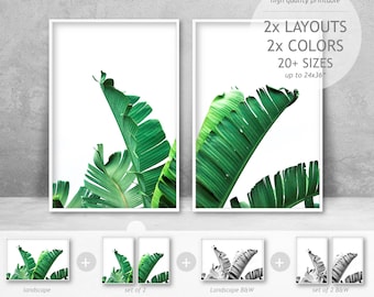 Set of 2 Prints, Tropical Wall Art Bundle, Banana Leaf Prints, Banana Plant Wall Art, Green and White Wall Art, Banana Leaf Art, Tropical