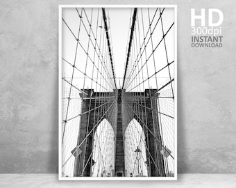 Stampa fotografica del Ponte di Brooklyn, in bianco e nero, decorazione murale di New York (download digitale)
