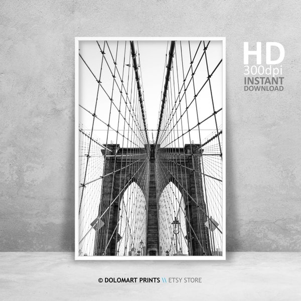 Brooklyn Bridge Print, New York Wall Art, Modern Architecture Black and White Photography Print, New York City Printable, New York Photo Art