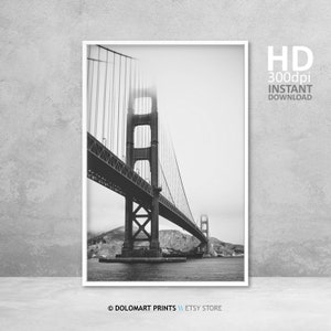 Golden Gate Bridge stampabile, stampa in bianco e nero di San Francisco, download digitale, fotografia in bianco e nero, arte stampabile minima