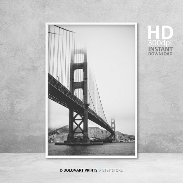 Puente Golden Gate imprimible, impresión en blanco y negro de San Francisco, descarga digital, fotografía en blanco y negro, arte imprimible mínimo