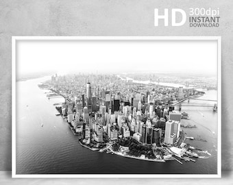 New York Black and White Print, Aerial New York Poster Photo New York City from air, Black and White New York City Poster Art, Downloadable