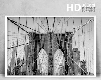 Fotografia in bianco e nero del Ponte di Brooklyn, stampa di architettura di New York (download digitale)