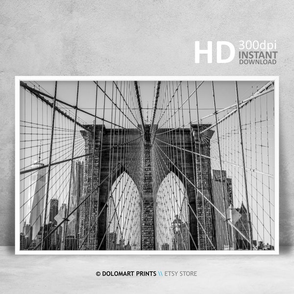 Brooklyn Bridge Horizontal Print, New York Landscape Print, Modern Minimal Architecture Black and White Print, Top Trending Art Print NYC