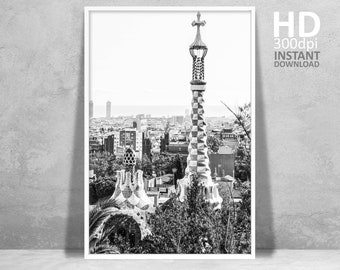 Impression du parc Guell de Barcelone, architecture noir et blanc (téléchargement numérique)