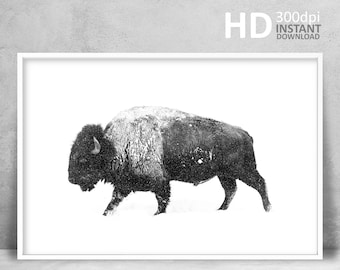 Wydruk fotografii bizona w śniegu, czarno-biała sztuka bawołu (pobranie cyfrowe)