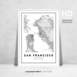 サンフランシスコ地図プリント、カリフォルニア地図、サンフランシスコ地図ポスター、サンフランシスコ、カリフォルニア、SF地図、市街地図プリント、白黒地図