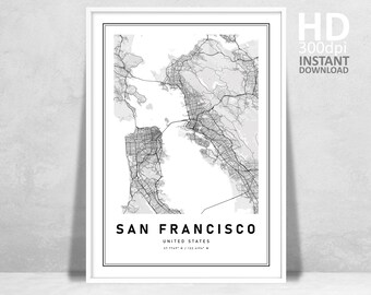San Francisco kaartkunstdruk, zwart-wit stadskaart (digitale download)