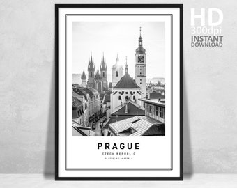 Prague Skyline Print, Black and White Travel Poster (Digital Download)