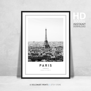 Impressão de viagem de Paris, França, pôster de Paris, decoração de arte de parede exclusiva, coordenadas em preto e branco da Torre Eiffel de Paris, design de arte de parede da França