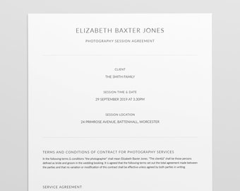 Puede incluir: Un contrato de acuerdo de sesión de fotografía con el nombre del cliente "The Smith Family", la fecha "29 de septiembre de 2019 a las 3:30 PM" y la ubicación "24 Primrose Avenue, Battenhall, Worcester".