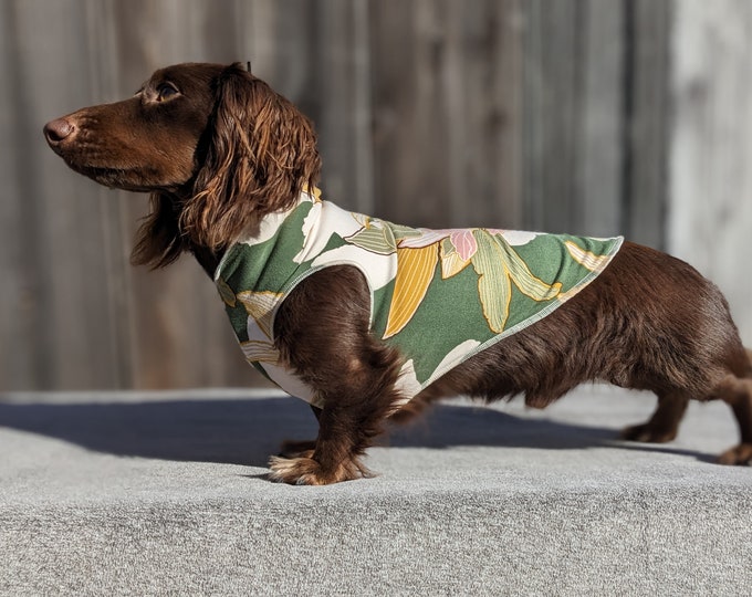 Dachshund Lined T-Shirt, Tropical Print, Luxe Dachshund Coat
