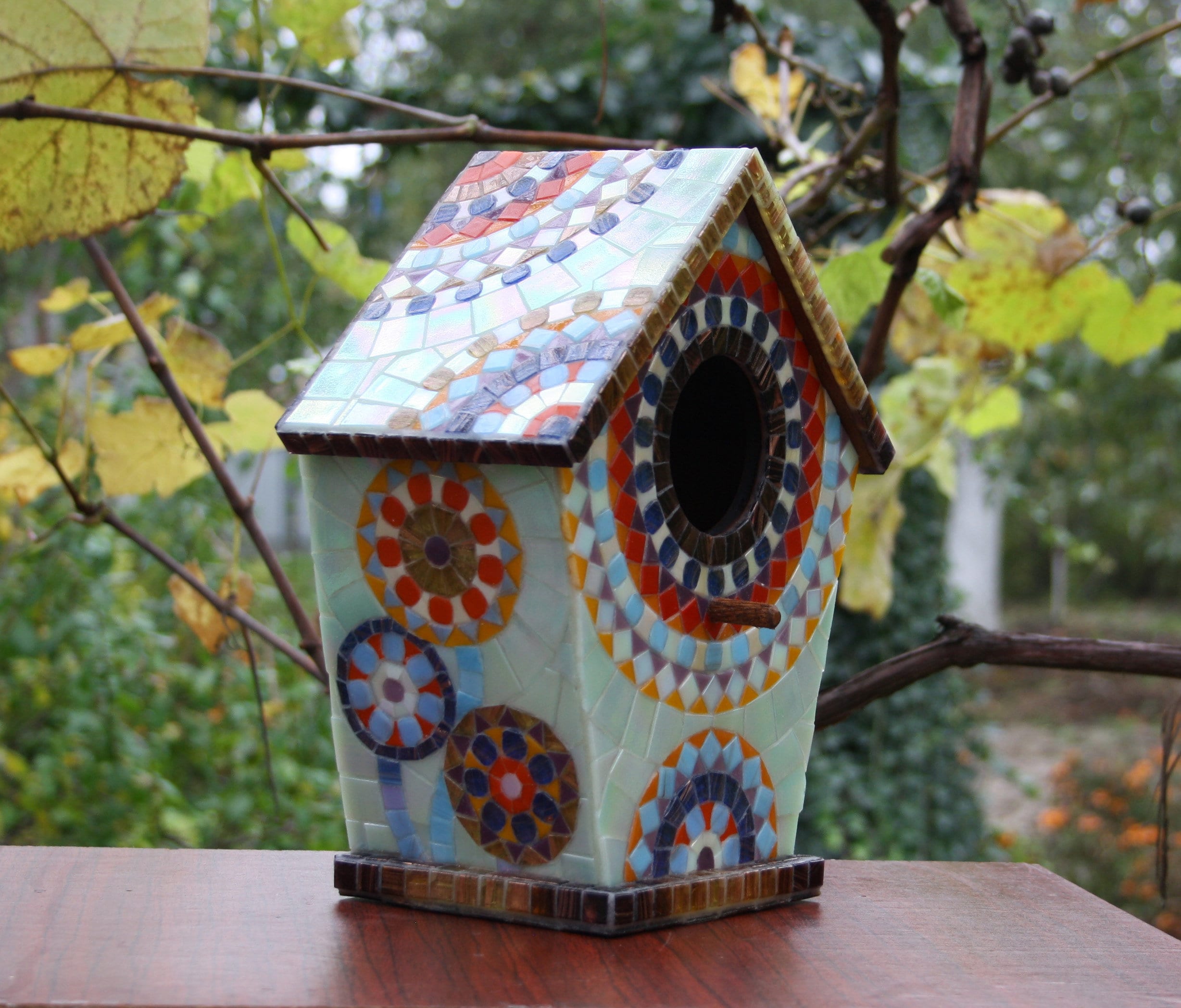 Mosaic Birdhouse, Hanging Birdhouse, Mosaic Garden Art, Wooden
