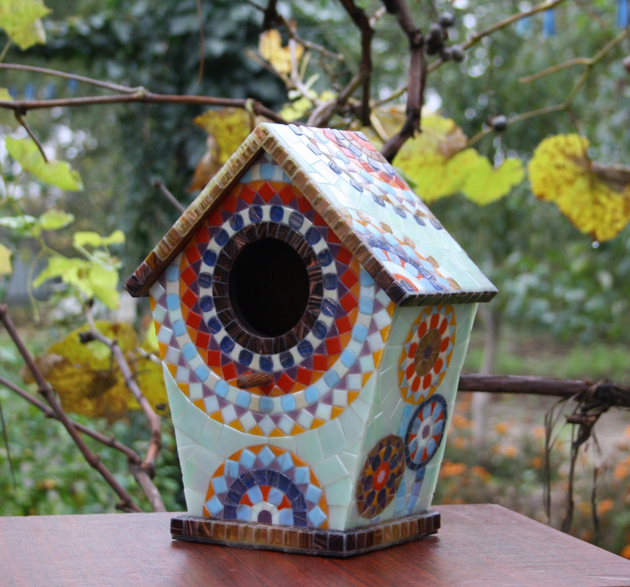 Mosaic Birdhouse, Hanging Birdhouse, Mosaic Garden Art, Wooden