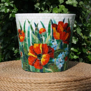 Mosaic plant pot, planter decorated with glass mosaic, ceramic flower pot with poppies