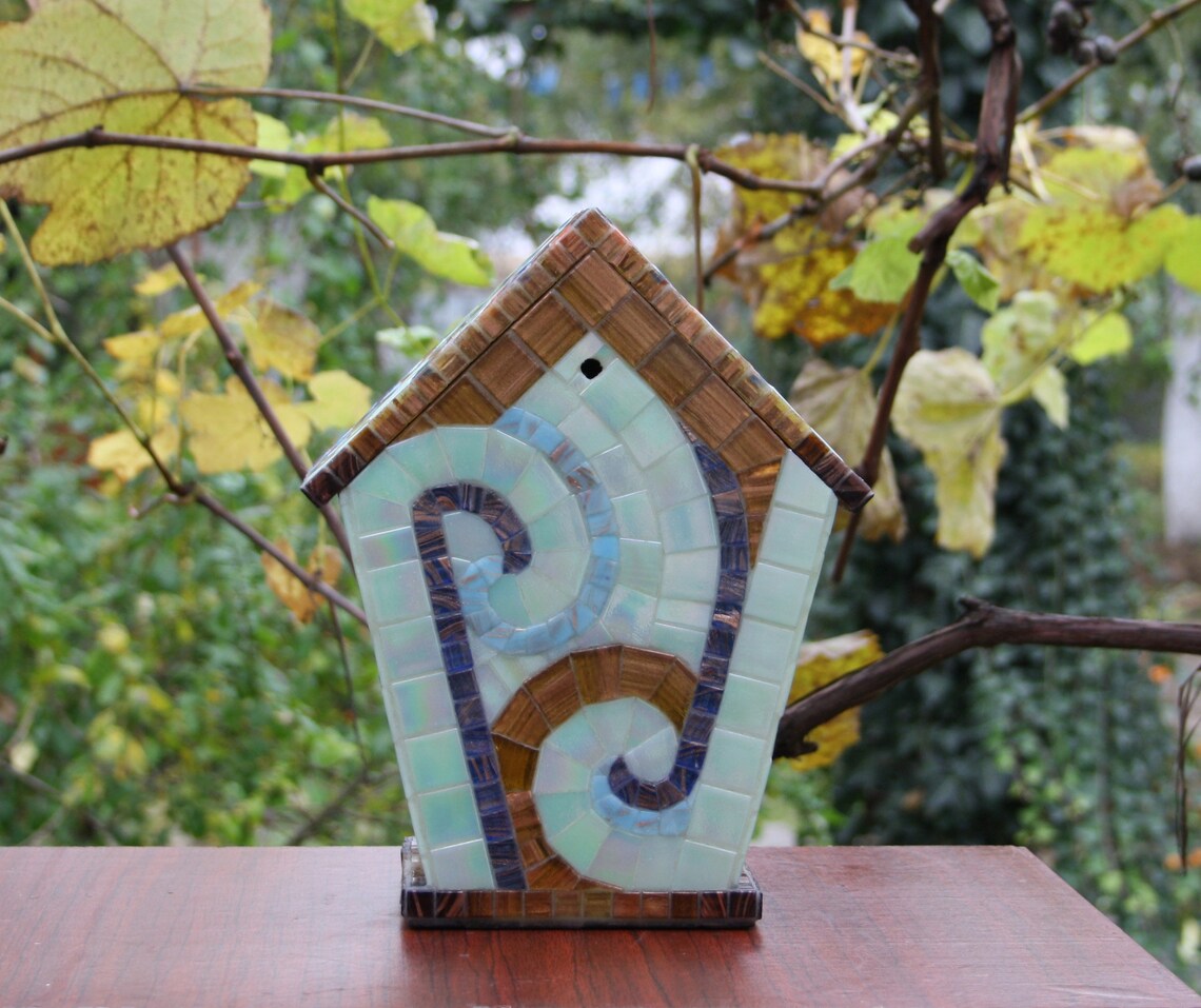 Mosaic Birdhouse, Hanging Birdhouse, Mosaic Garden Art, Wooden