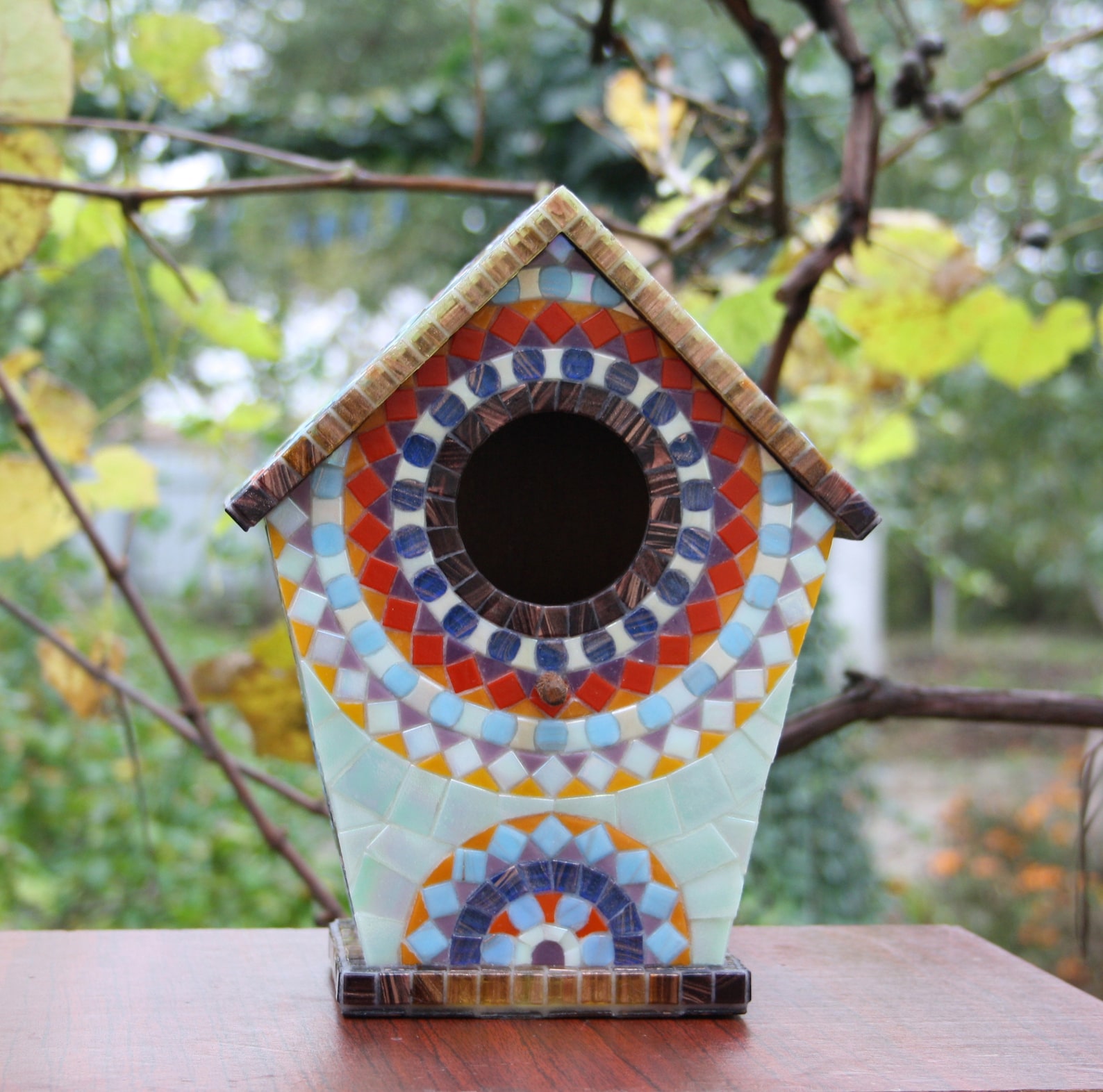 Mosaic Birdhouse, Hanging Birdhouse, Mosaic Garden Art, Wooden