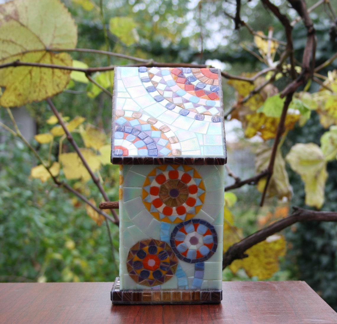 Mosaic Birdhouse, Hanging Birdhouse, Mosaic Garden Art, Wooden