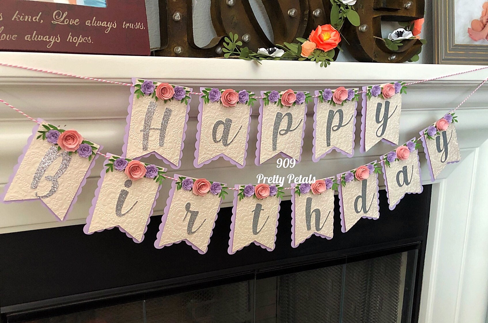 Floral Happy Birthday Banner with paper flowers and embossing Etsy