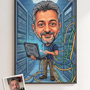Custom IT Specialist Caricature Portrait, Sysadmin Gift, Tech Support Artwork (Digital File)