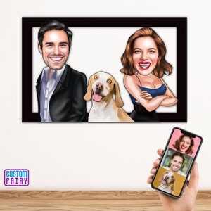 Personalized Couple & Dog Cartoon Wooden Wall Art, Caricature Portrait, Pets Portrait, Dog Gift, Pets Gift, Dog Parents, Dogs Portrait.