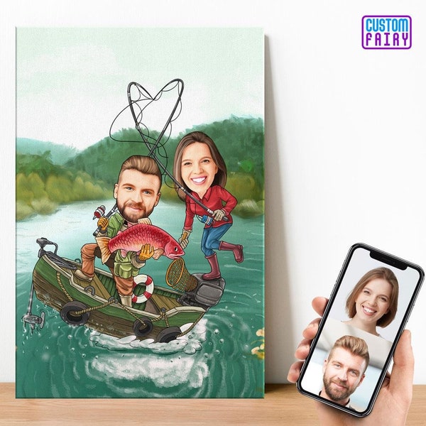 Personalized Cartoon Fishing Couple Canvas, Fishing Couple Portrait, Fisherman Gift, Fisherman Portrait, Couples Portrait, Valentines Gift
