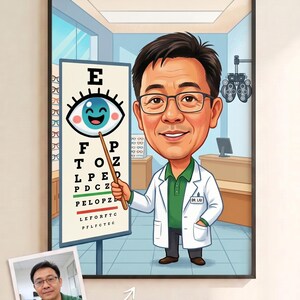 Könnte beinhalten: Eine gerahmte Karikatur-Illustration eines Optikers mit weißem Laborkittel und Brille, der in einem Büro steht. Die Figur hält einen Holzzeiger auf eine Sehtafel mit dem Buchstaben E und einem blauen Auge-Symbol mit einem lächelnden Gesicht.