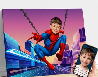 Custom Spiderman Canvas, Custom Spiderman Gift, Superhero Portrait, Superhero Gift, Gift for Kids, Boy Birthday Gift, Superhero Canvas