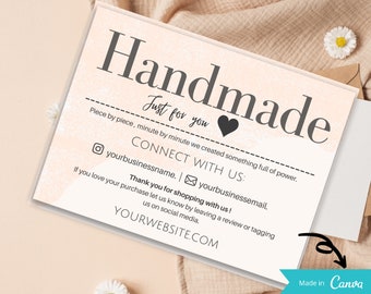 Handmade just for you Editable and Printable Thank You Card without your logo - Order Insert- Canva Templates-Minimalistic thank you cards.