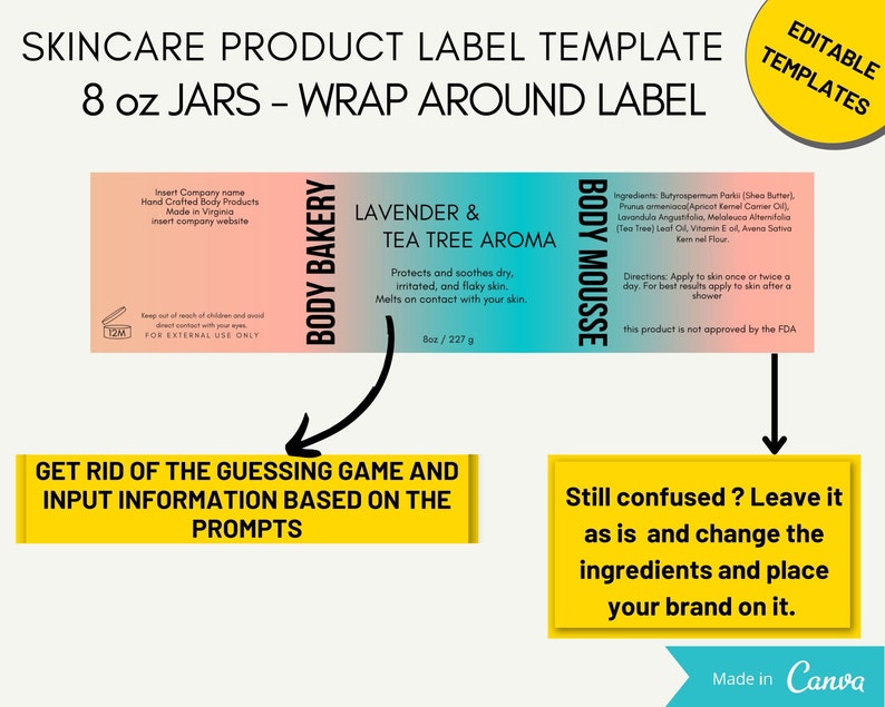 SKINCARE PRODUCT LABEL template 8 oz jars wrap-around label 3 different styles image 3