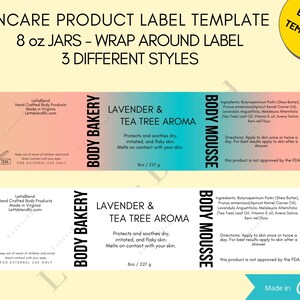 SKINCARE PRODUCT LABEL template 8 oz jars wrap-around label 3 different styles image 2