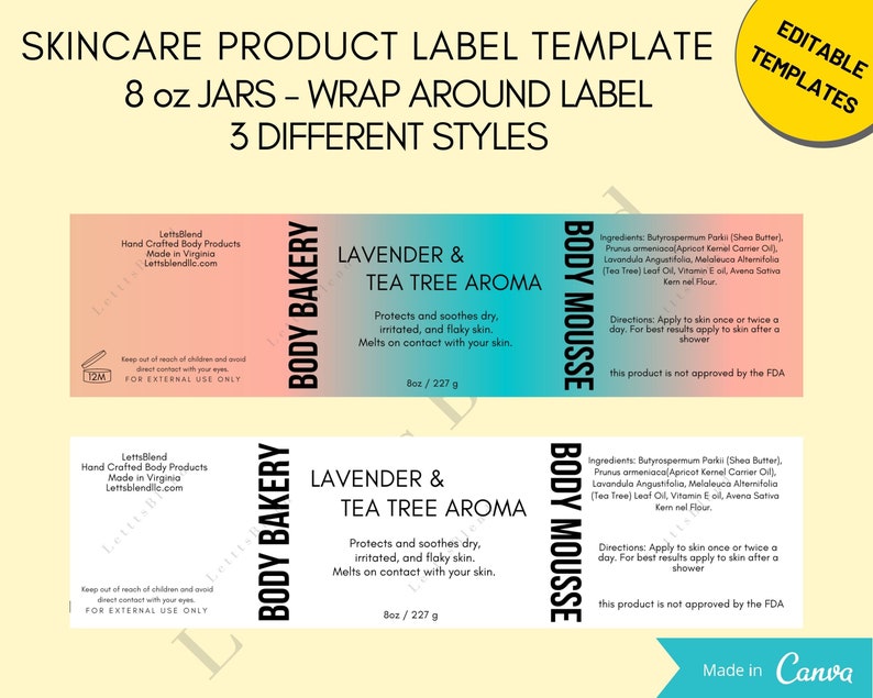 SKINCARE PRODUCT LABEL template 8 oz jars wrap-around label 3 different styles image 2