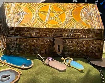 Pentagram Tarot Box, Altar Supplies, Witchcraft Supplies, Altar Cloth, Triple Moon Pentagram Carved Metal/Wood 4x6" Altar Box with Latch