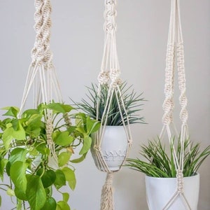 May include: Three macrame plant hangers with white pots and green plants. The hangers are made of natural cotton rope and have a simple, minimalist design.