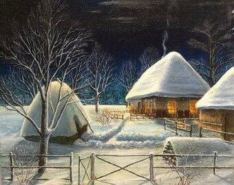 Christmas Eve, Ukrainian Vintage painting by Unknown artist. Oil on Canvas. Original Vintage Ukrainian Art.