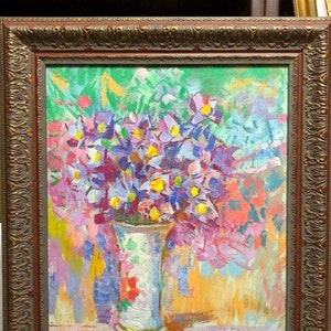 Flowers, Ukrainian Vintage painting by Vasily Chegodar. Oil on Cardboard. Original Vintage Ukrainian Art.