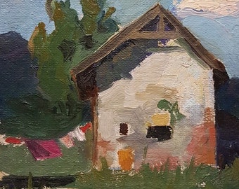 House, Ukrainian Vintage painting by Vasyl Pyhanyuk. Oil on Cardboard. Original Vintage Ukrainian Art.