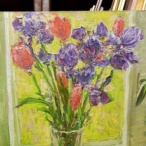 Flowers on the Window, Ukrainian Vintage painting by Komunar Berkuta. Oil on Cardboard. Original Vintage Ukrainian Art.