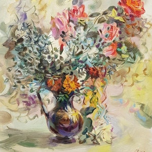 Flowers, Ukrainian Vintage painting by Michail Antonchik. Oil on Cardboard. Original Vintage Ukrainian Art.