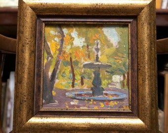 Fountain, Ukrainian Vintage painting by Gorshkov Nikolay. Oil on Cardboard. Original Vintage Ukrainian Art.